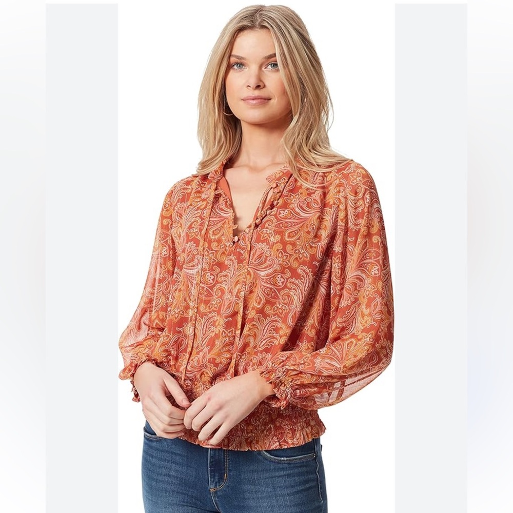 Jessica Simpson Burnt Orange Button Up Paisley Smock Waist Blouse Size Small